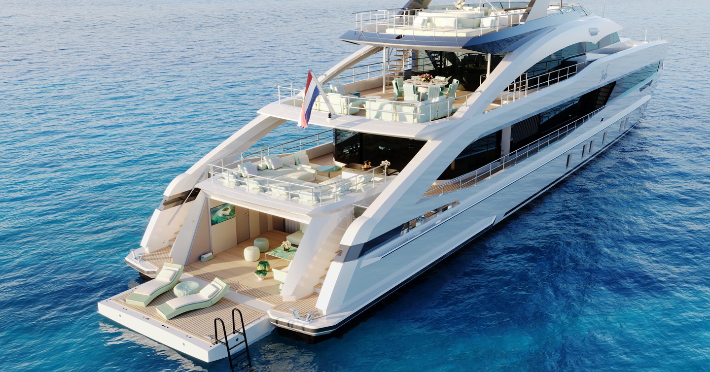 Rendering showing aft view of Project Jade and large beach club