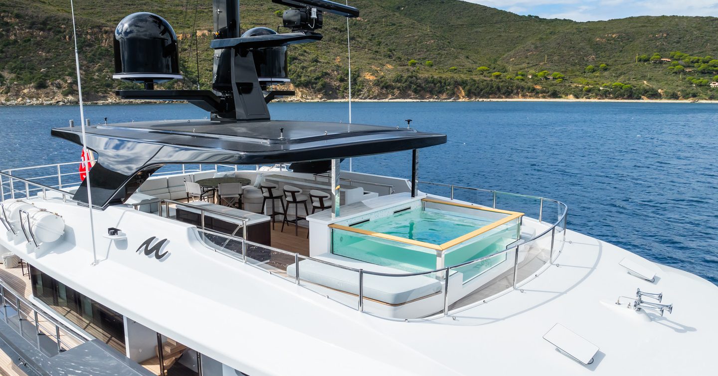 Expedition yacht M's sundeck with jacuzzi and shaded seating