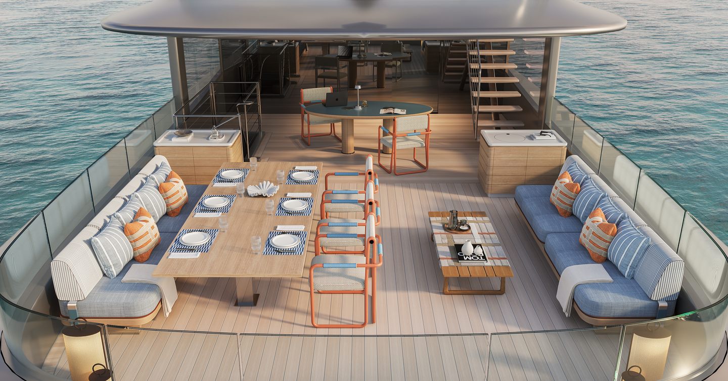 Rendering of Benetti B.Neos superyacht upper deck with alfresco dining and seating area 