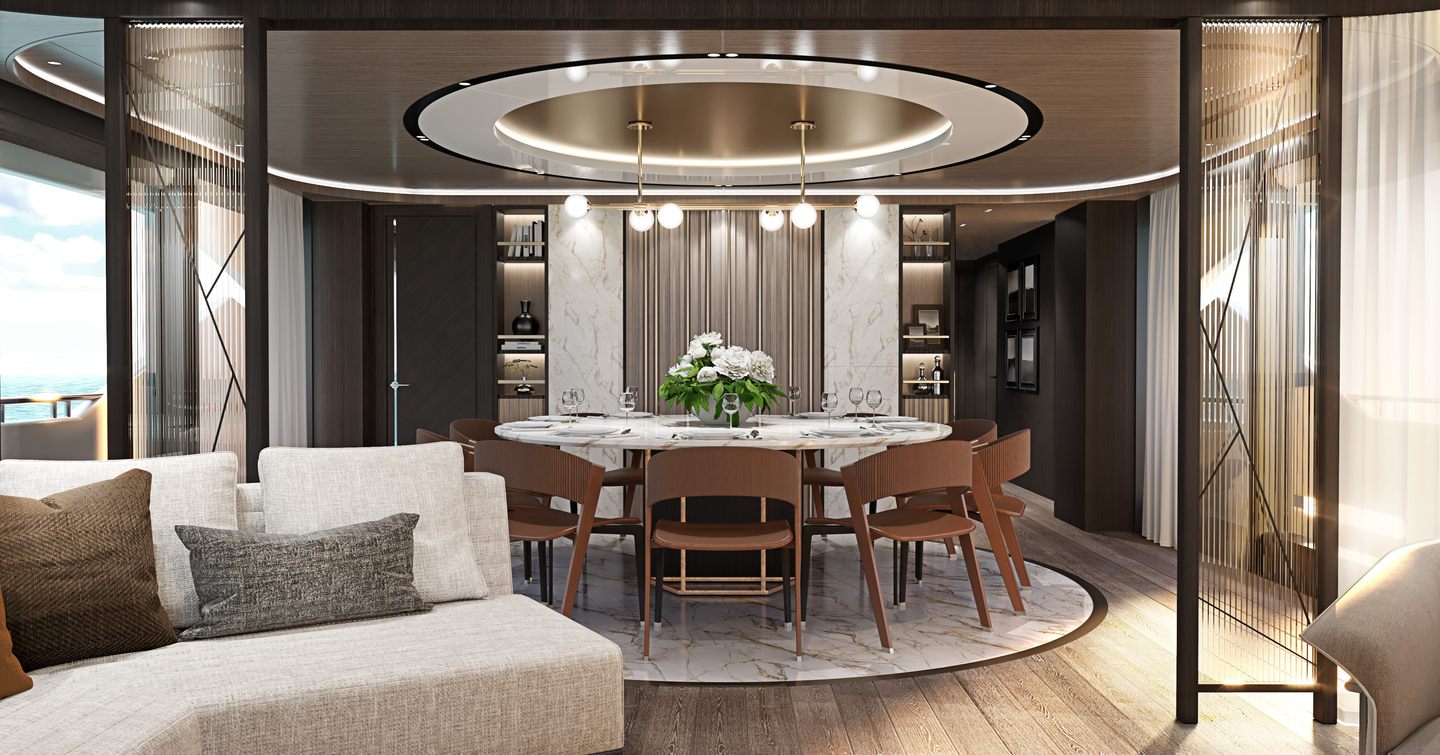 Circular dining table in Sunseeker 120 Yacht