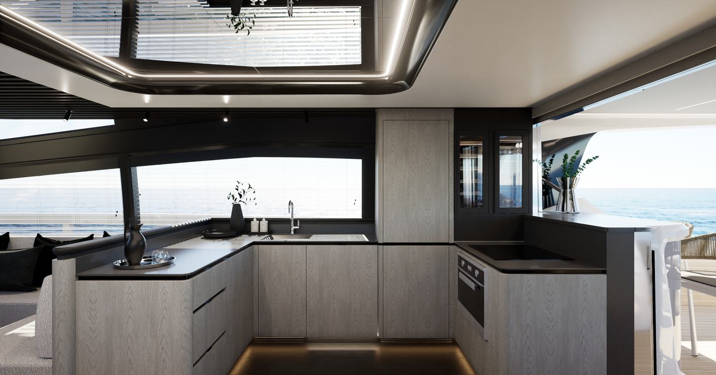 Rendering of Pearl 73 motor yacht aft U-shaped galley