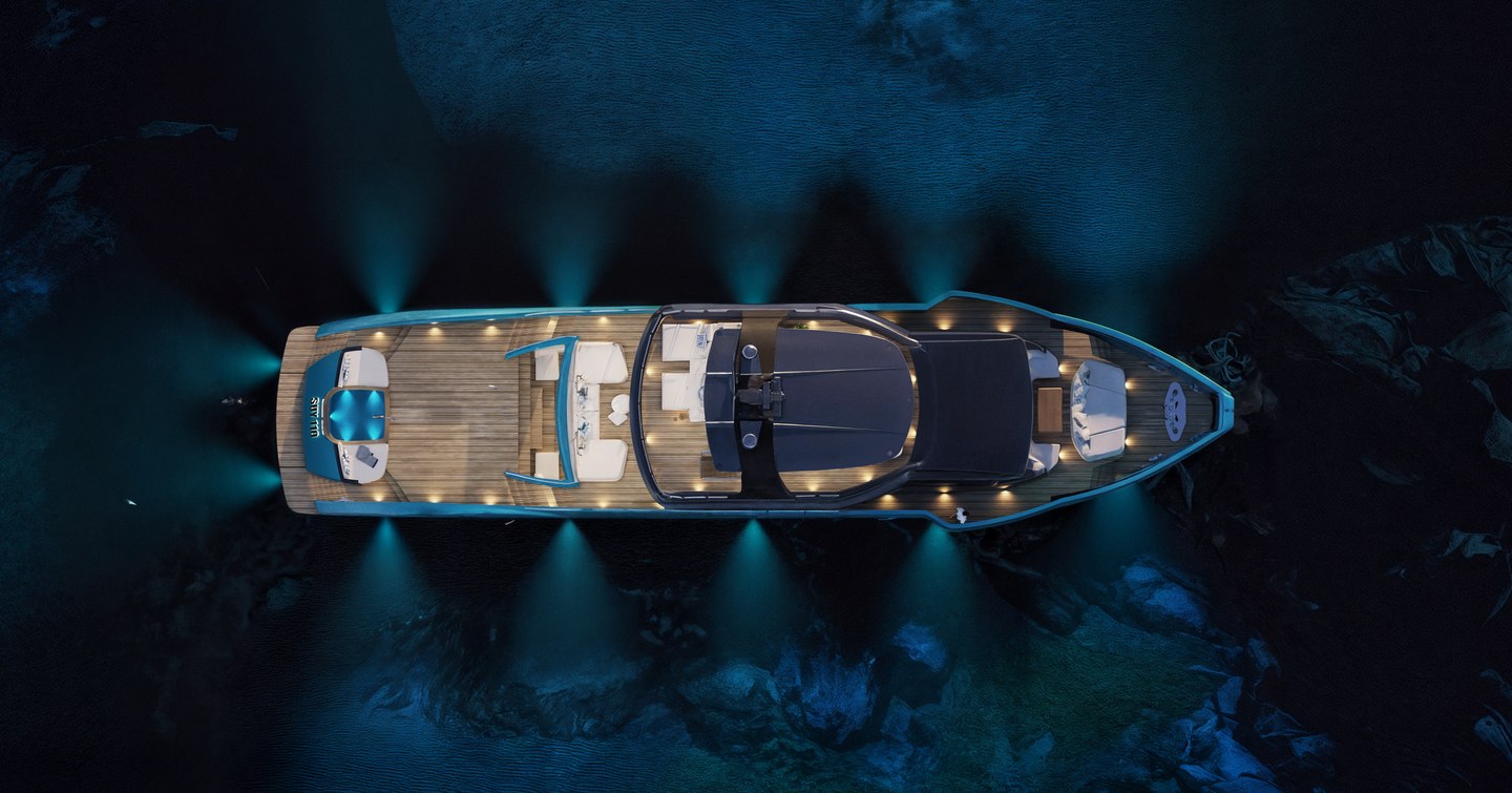 Aerial Rendering of Antonini Navi SUY110 crossover yacht with underwater lights