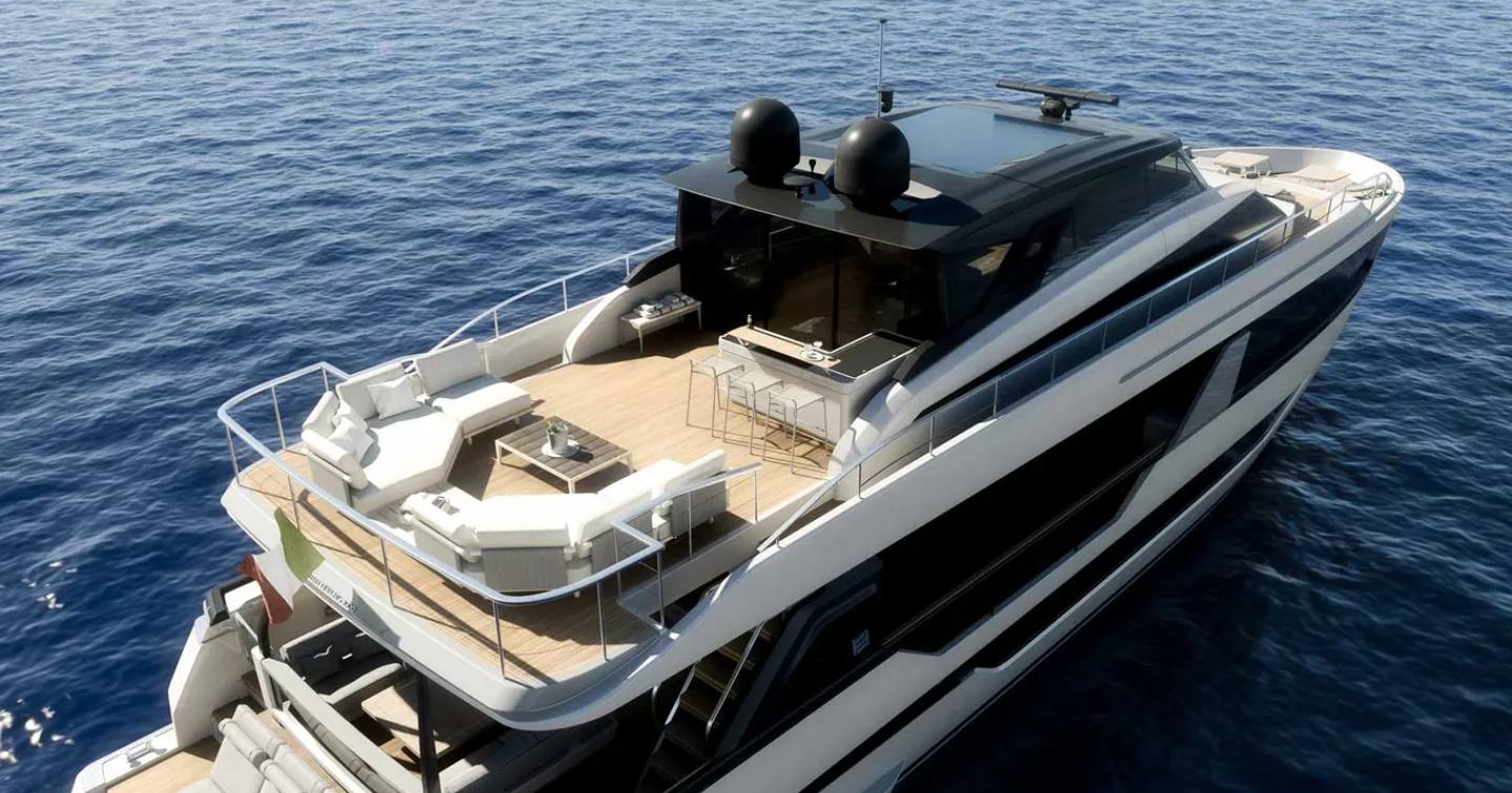 Aft overview rendering of Ferretti 1000 Skydeck at sea.