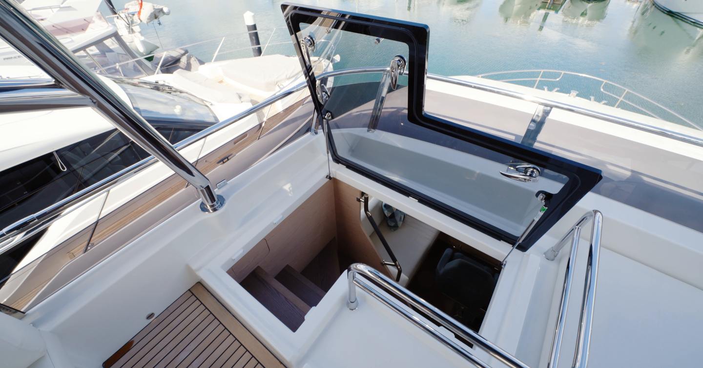 Beneteau Grand Trawler 63 flybridge companionway with moulded staircase to the main deck