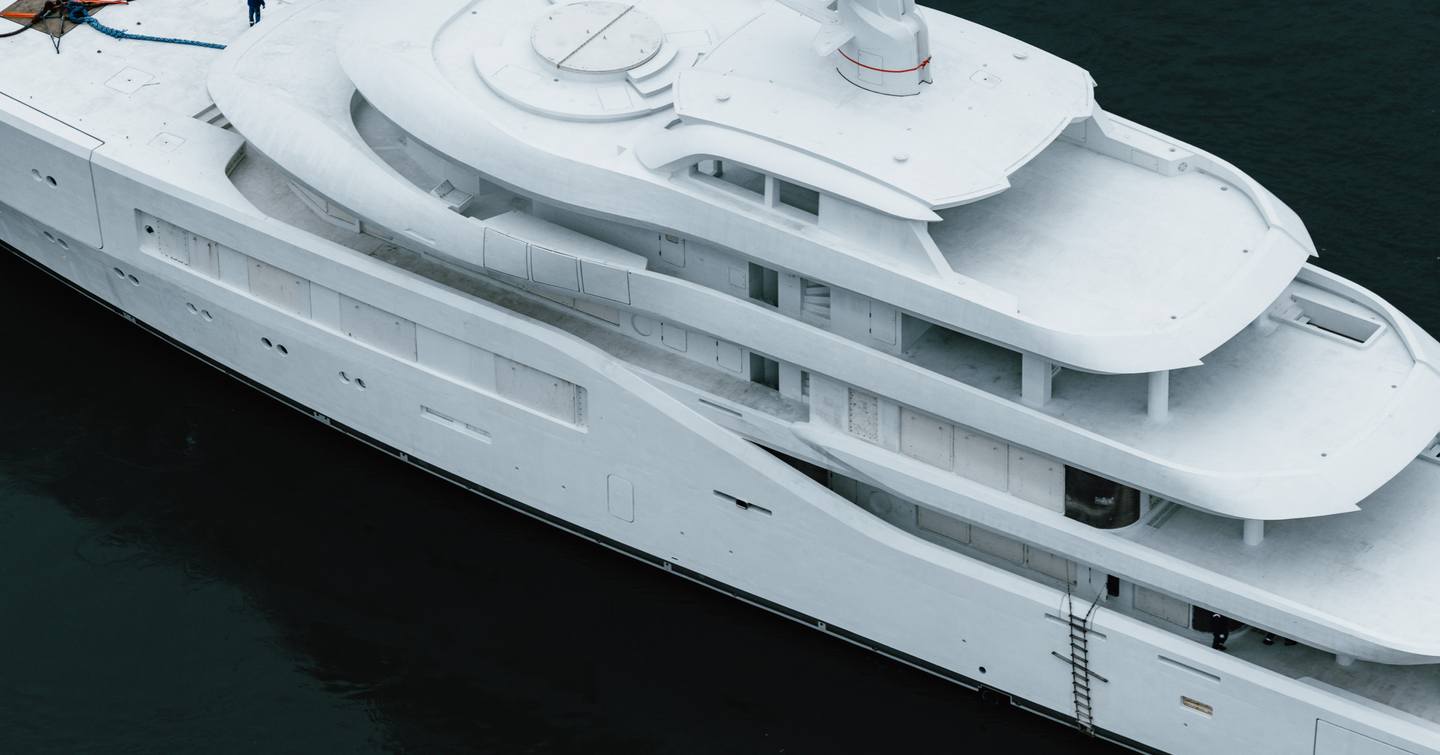 Close up of Fifth Amels 80 superyacht superstructure pre-outfitting 