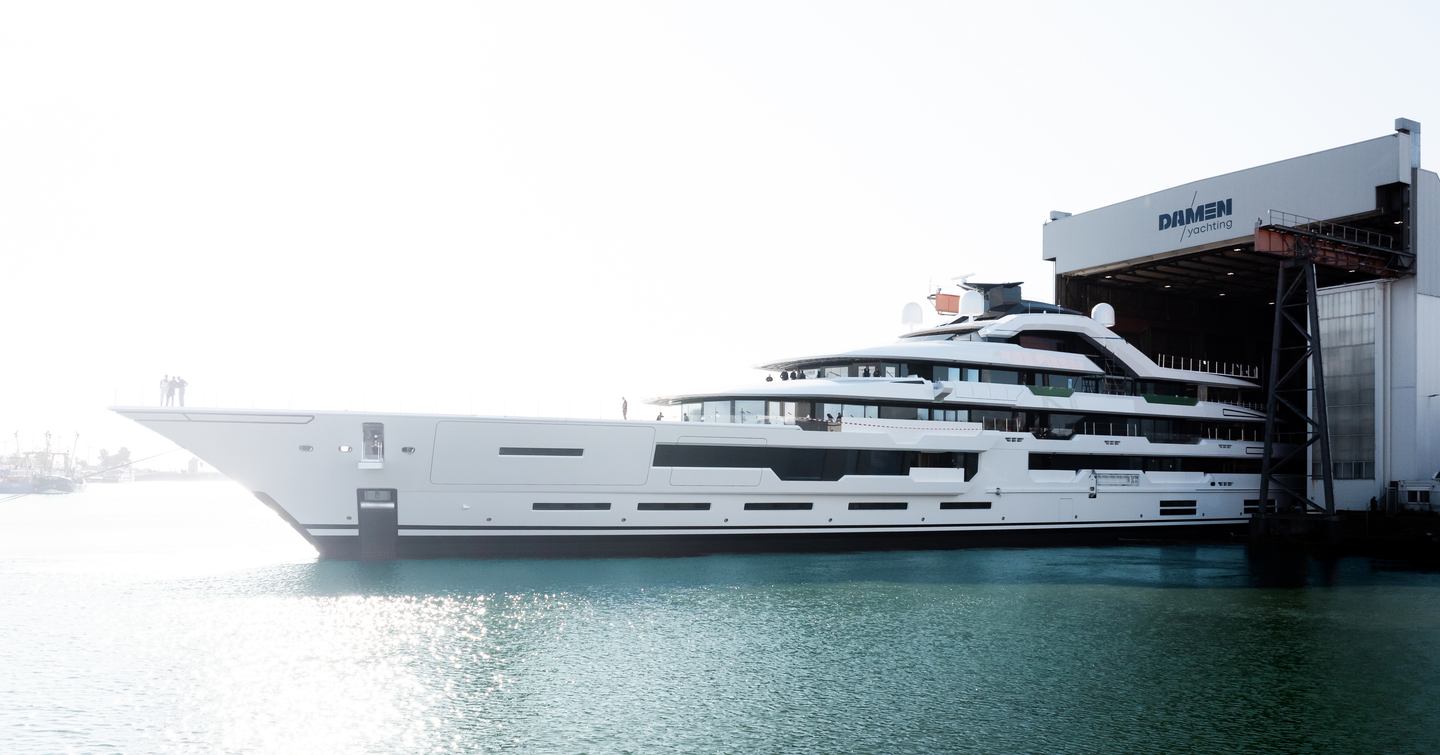 Superyacht Project Tanzanite leaving Damen Yachting shipyard at launch