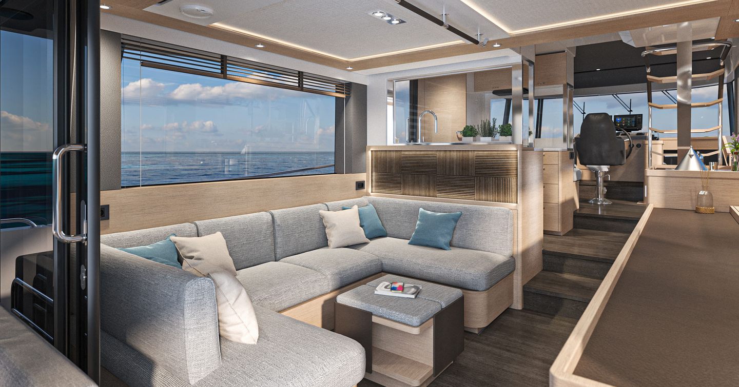 Rendering of Beneteau Swift Trawler 54 motor yacht interior with U-shaped seating and helm station