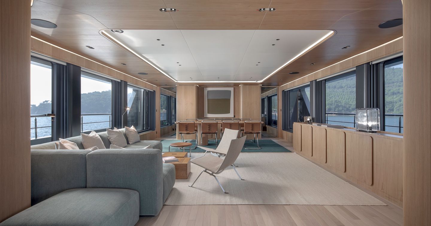 Explorer Yacht Cabana main saloon with neutral palette and light blues 