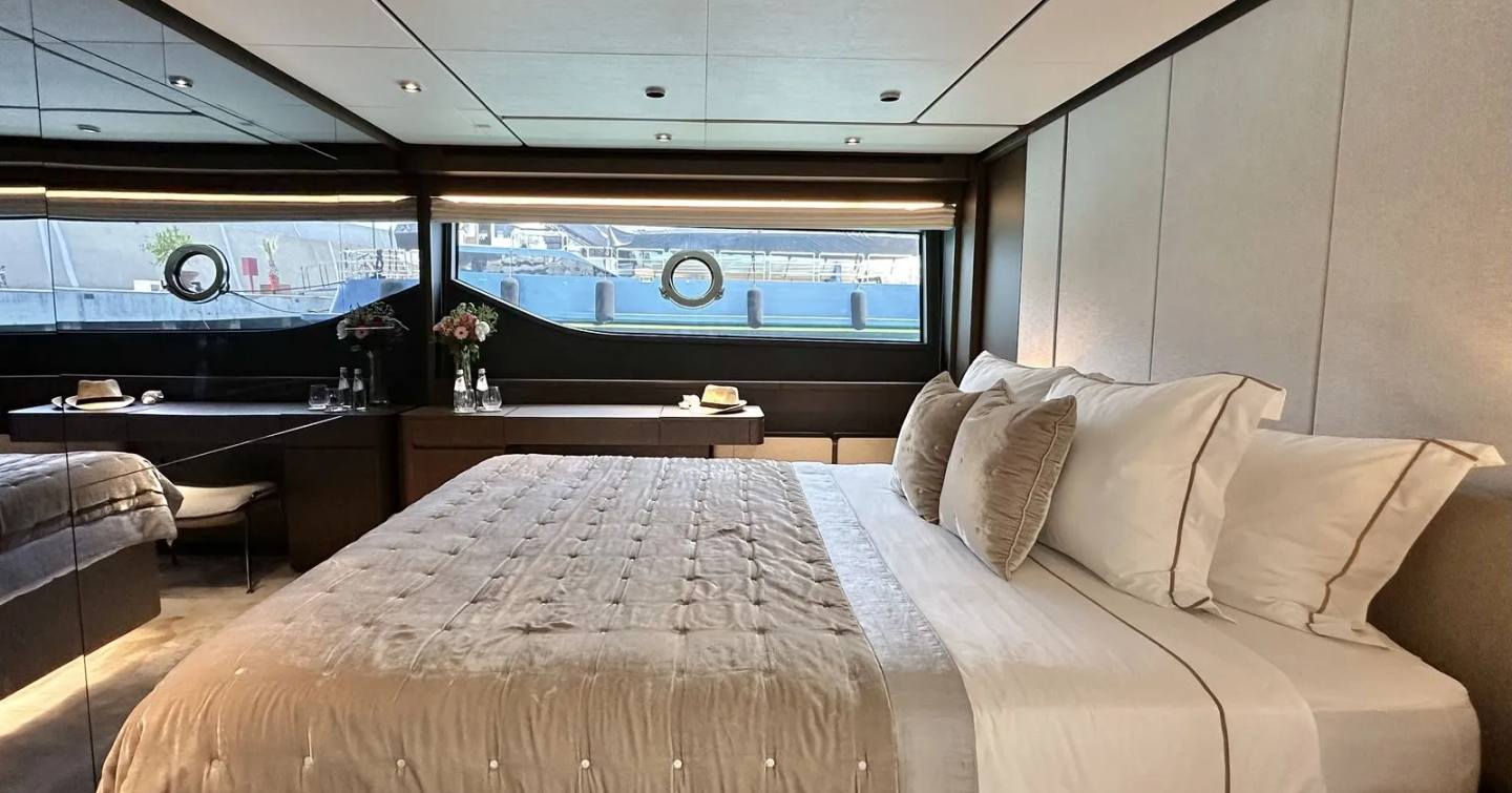 Ferretti motor yacht Lady Aga master cabin with window 
