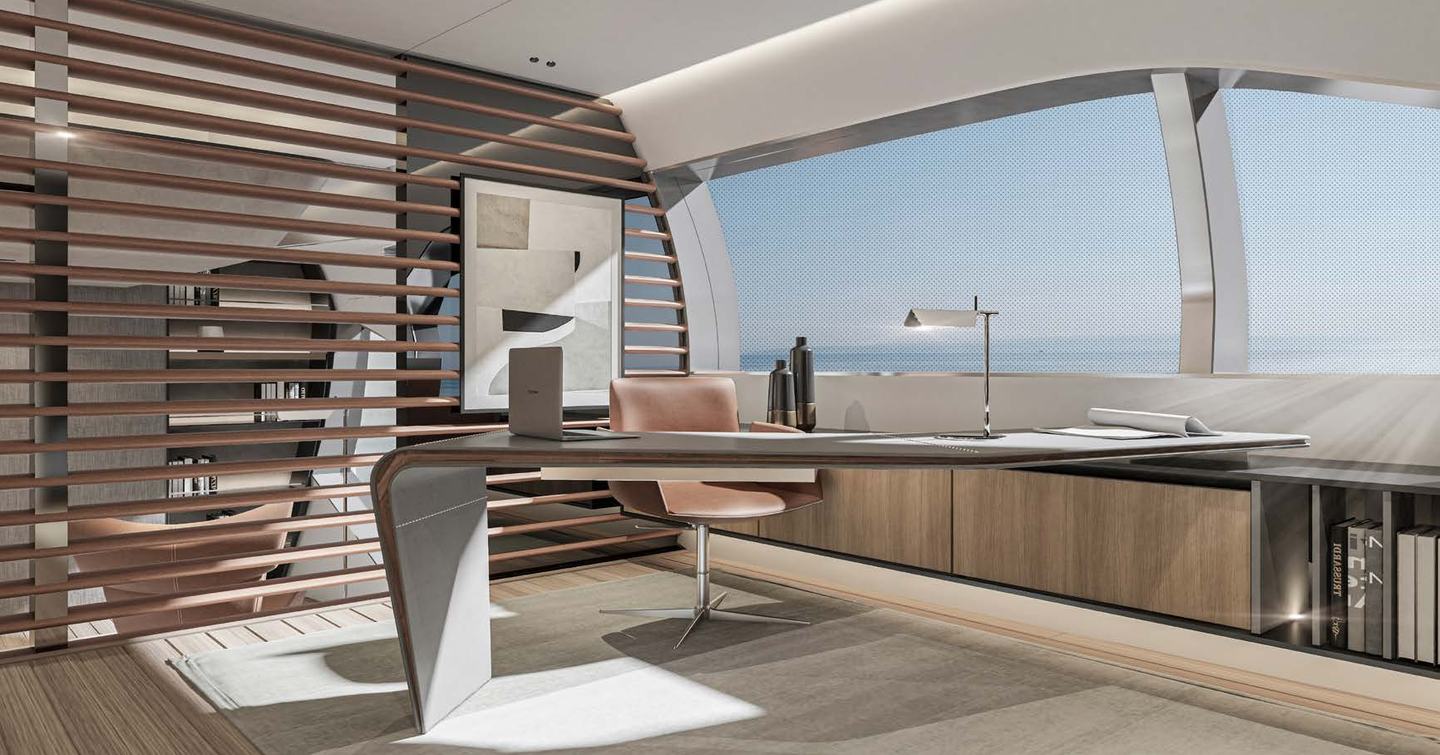 Rendering of Mangusta 165 REV motor yacht master cabin private office