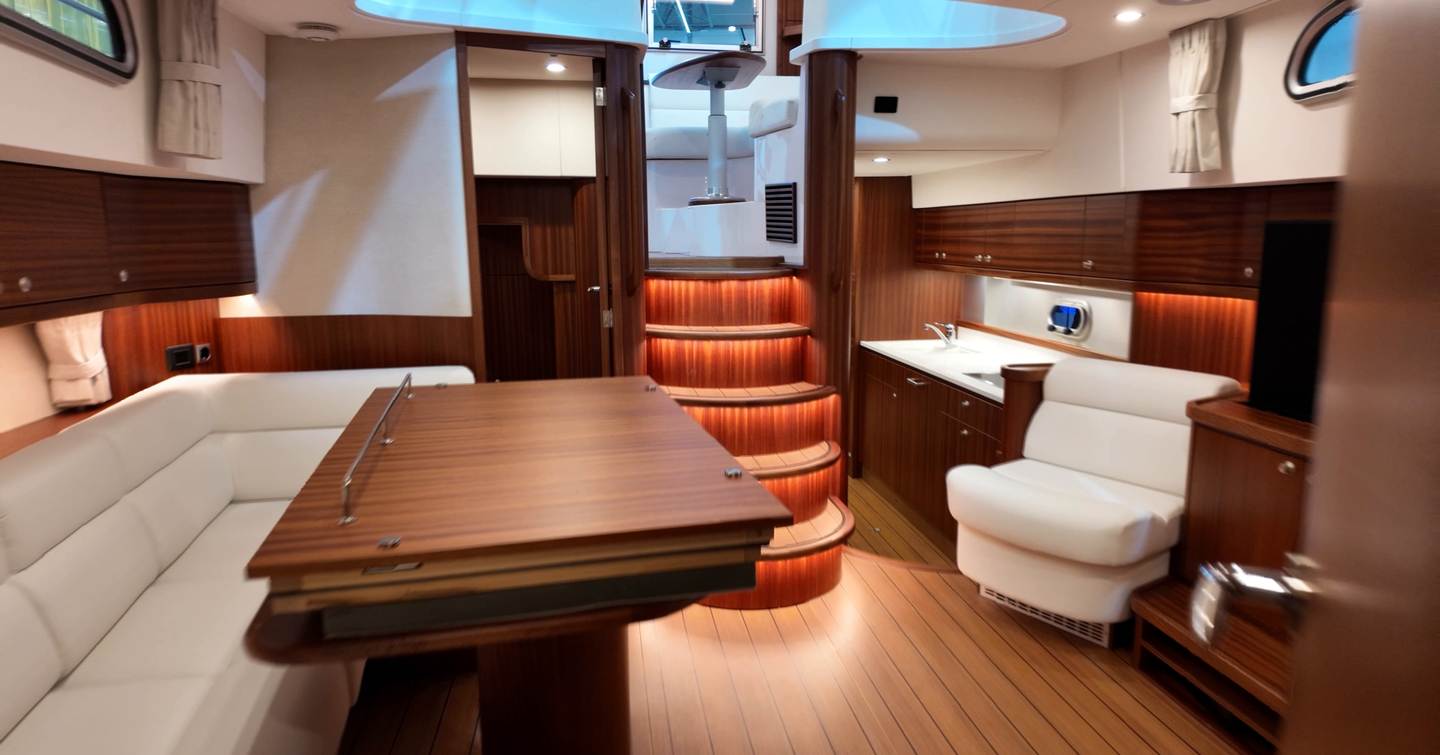 Elling E4 lower saloon lounge and dining area interior