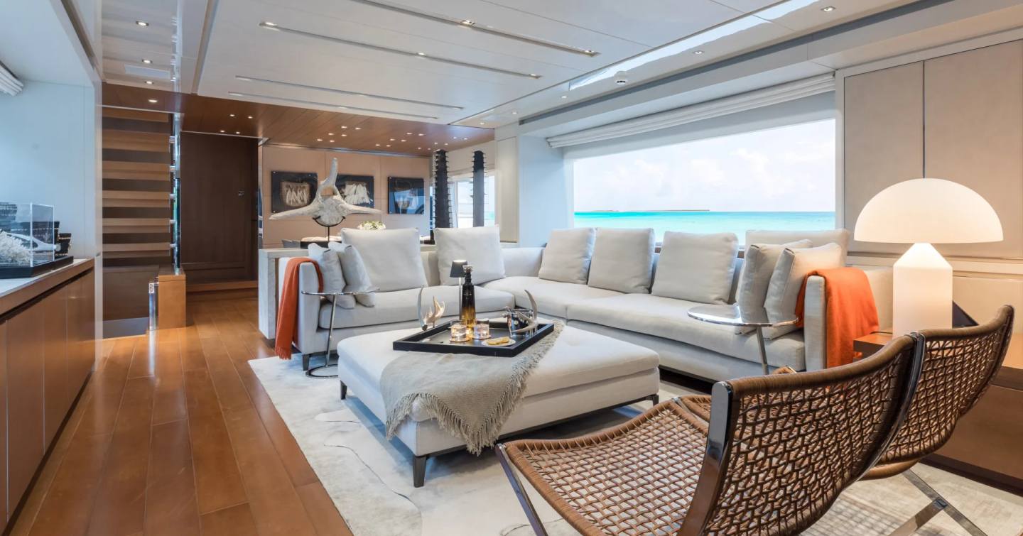 Motor Yacht Ferrol's interior L-shaped sofa 