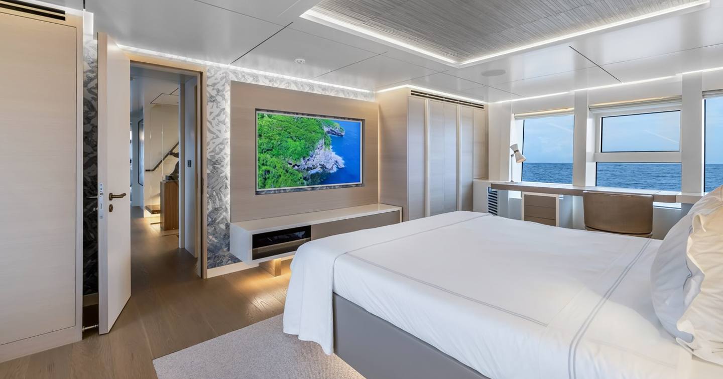 Superyacht Evelyn P's VIP stateroom with mounted TV