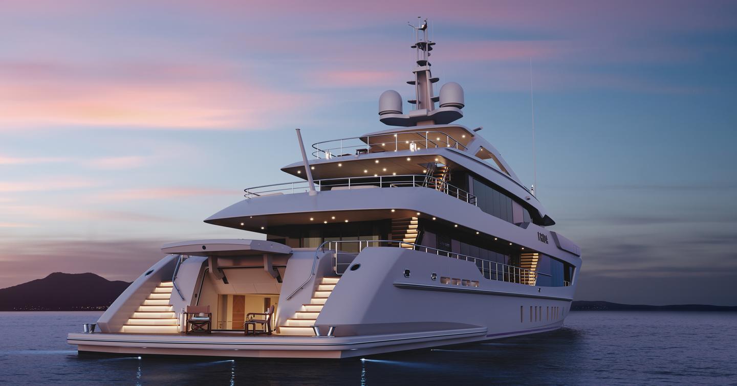 Rendering of Superyacht Pa'lante at anchor stern shot