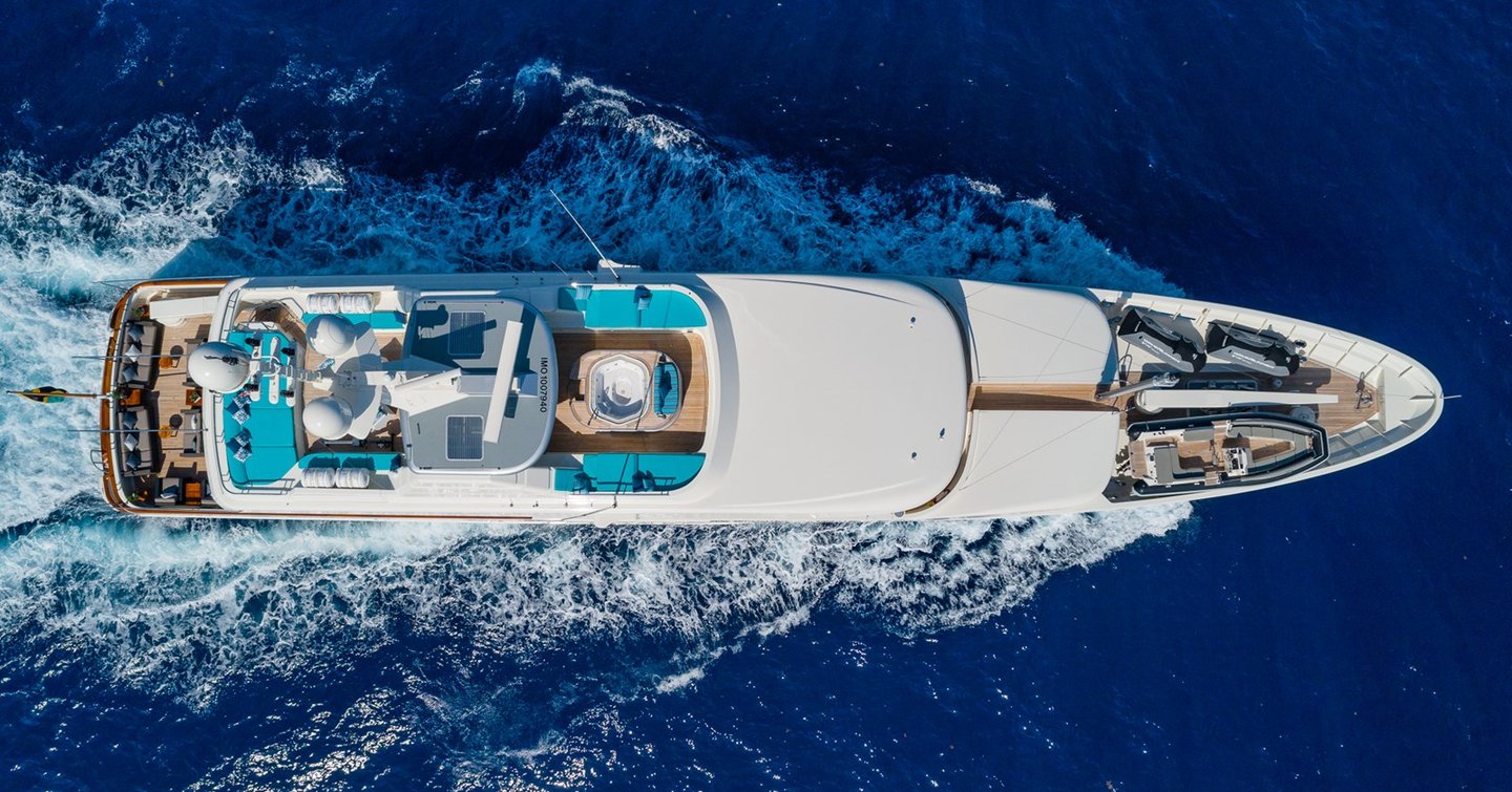 Aerial view of motor yacht Nita K II underway 
