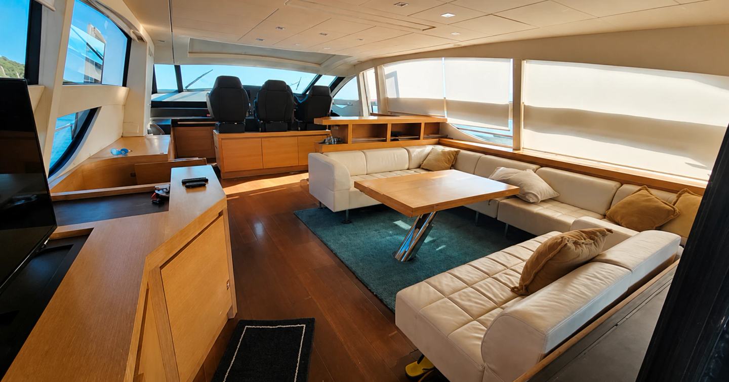 Pershing motor yacht Kioni main saloon lounge and helm 