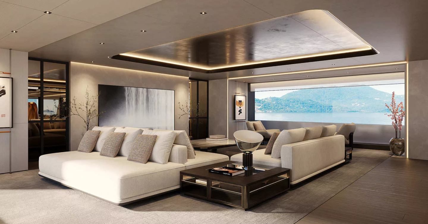 Rendering of Heesen Superyacht Project Ananda saloon with white sofas and large square lighting