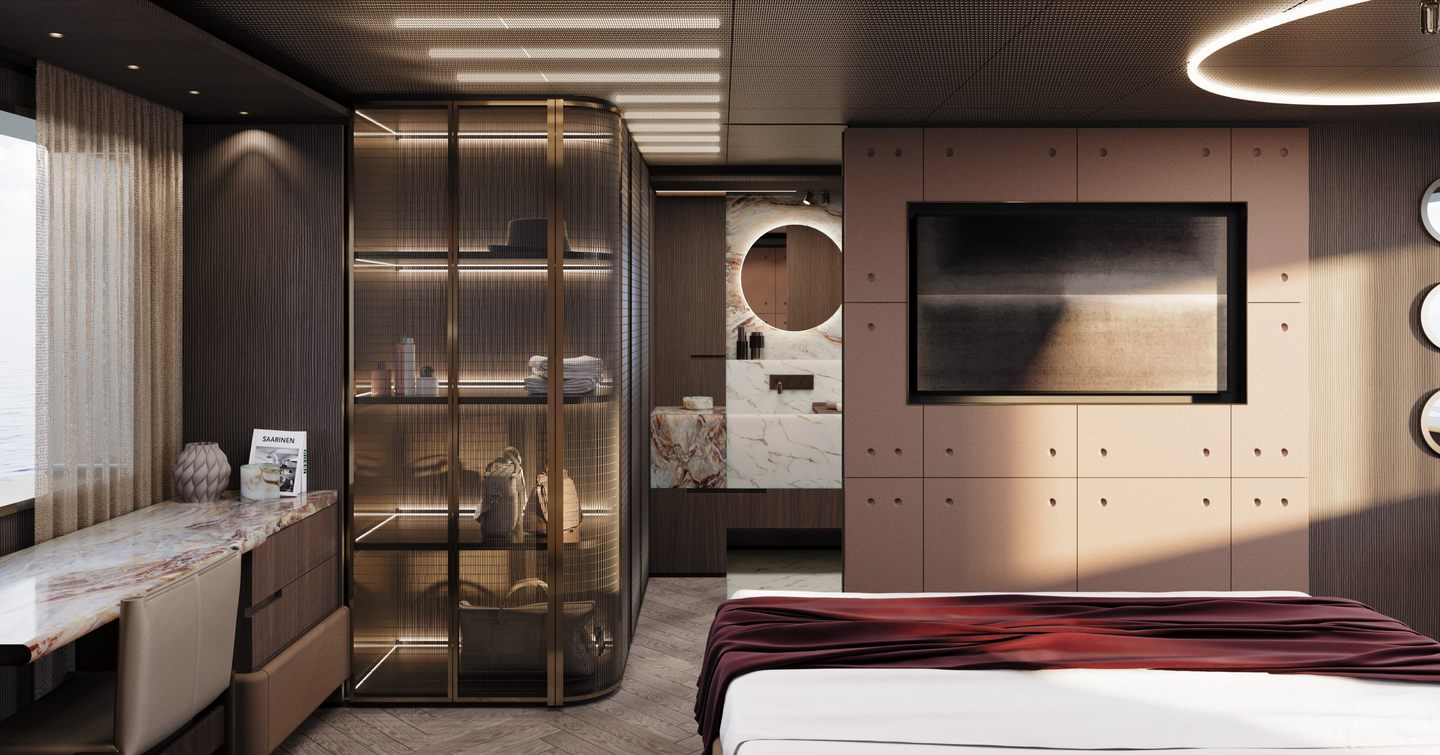 Rendering of Ocean King Explorer 34M explorer yacht master cabin with mounted TV and glass cabinet