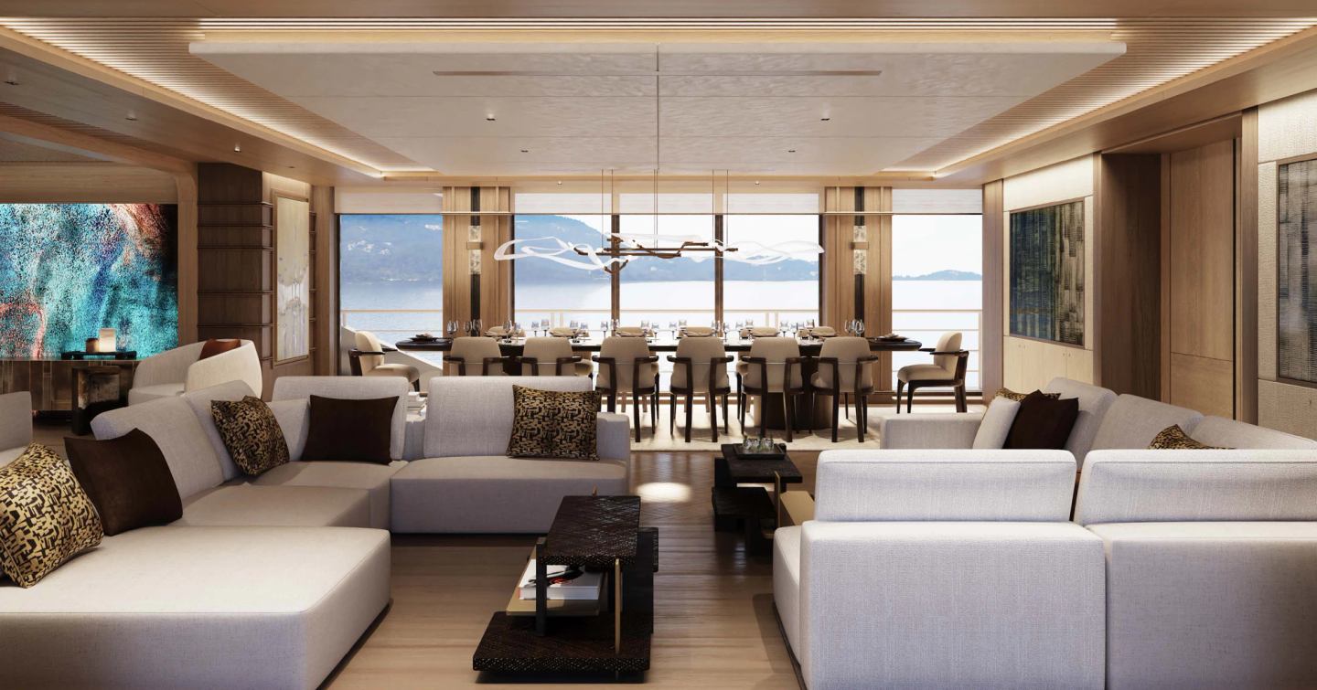 Rendering of Superyacht ICE 68 main saloon with U-shaped seating and dining area