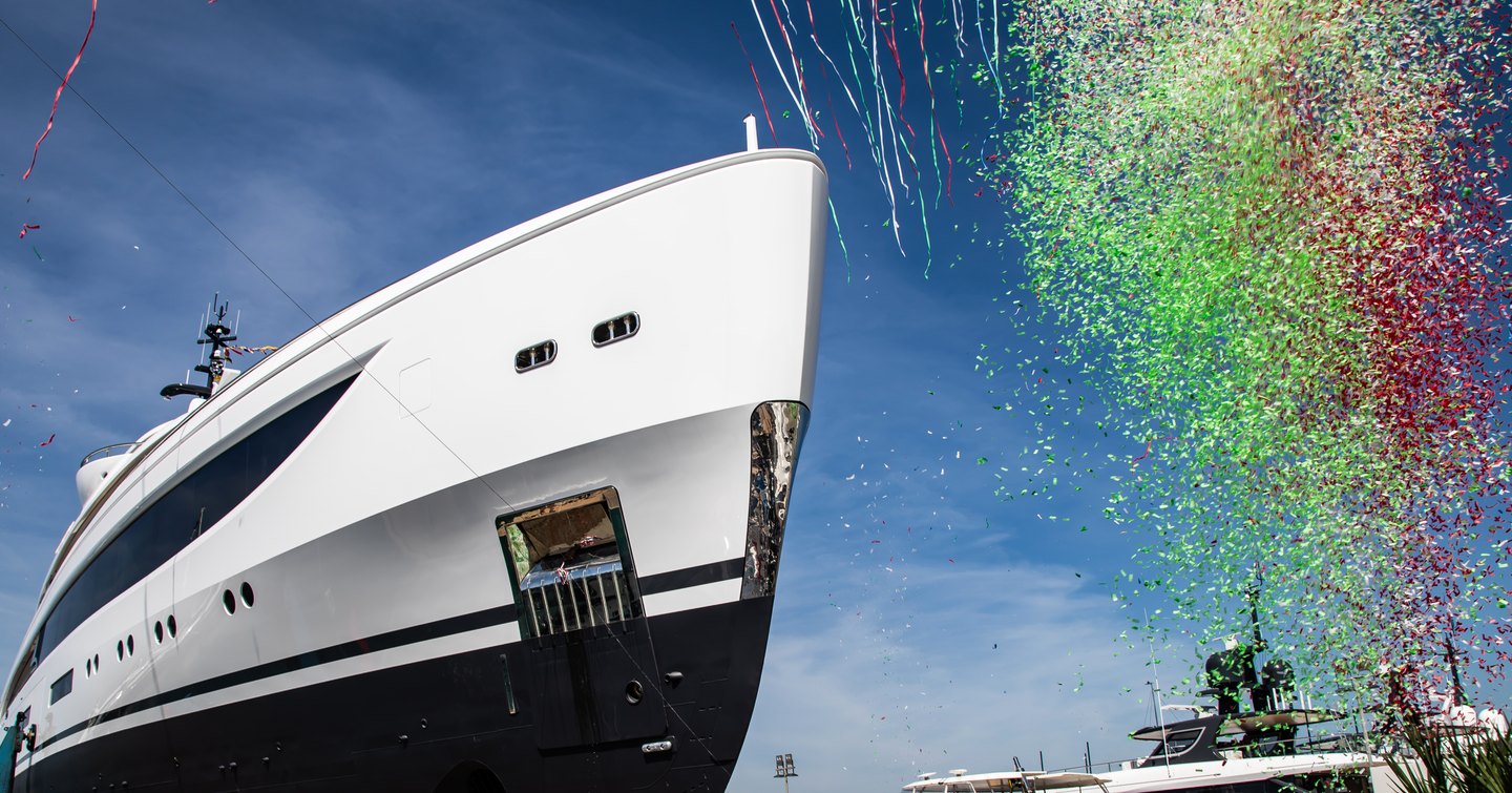 Superyacht Lady Estey at launch with confetti