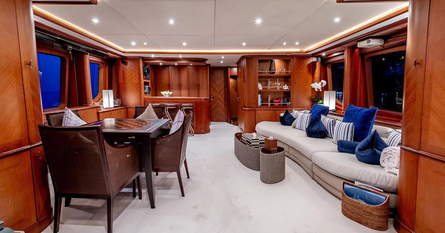 Superyacht Sea BlueZ upper saloon with chess board and white curved seating 