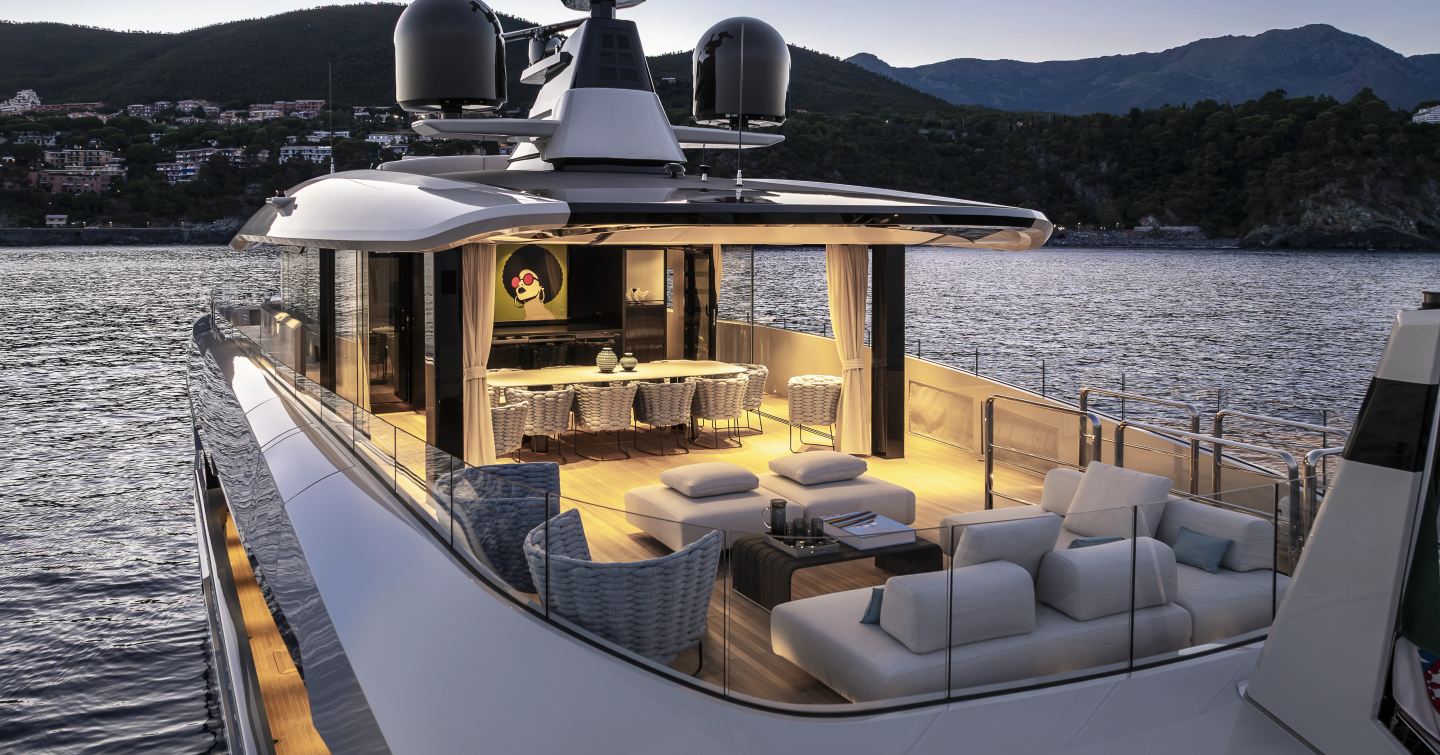 Columbus Atlantique 38M Superyacht Principessa Capricciosa upper deck with shaded alfresco dining and aft seating
