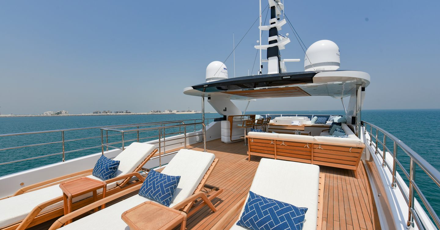 Gulf Craft's Majesty 120 motor yacht sundeck with sunpads