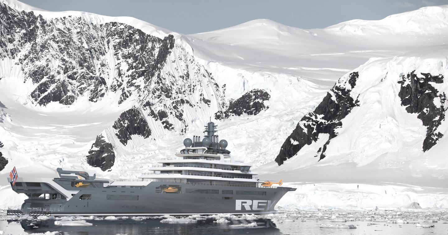 Superyacht REV Ocean near snowy mountains 