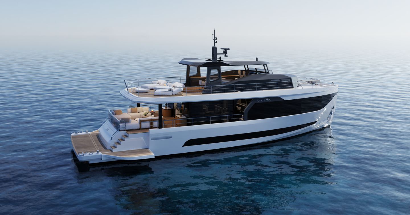 Rendering of Arcadia A80 superyacht at anchor