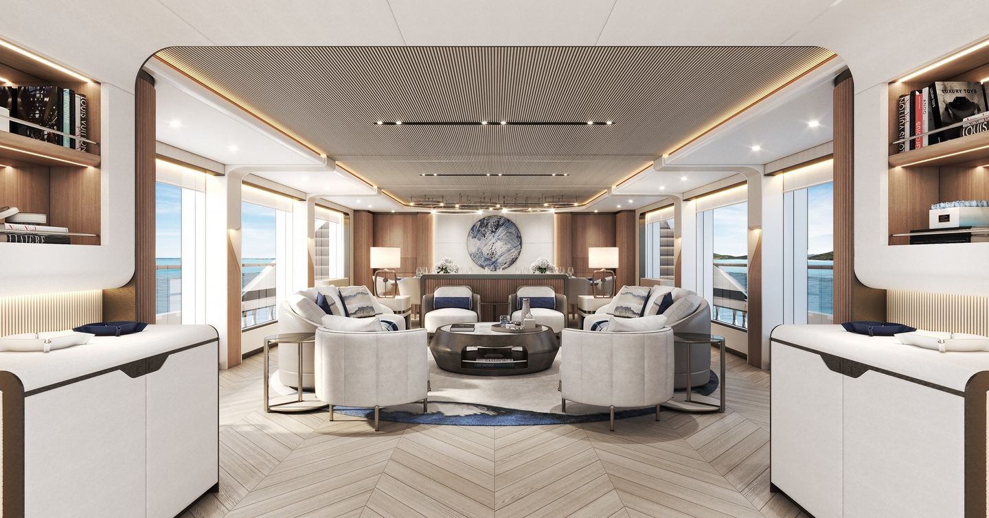 Rendering of Gulf Craft Majesty 145 Superyacht main saloon
