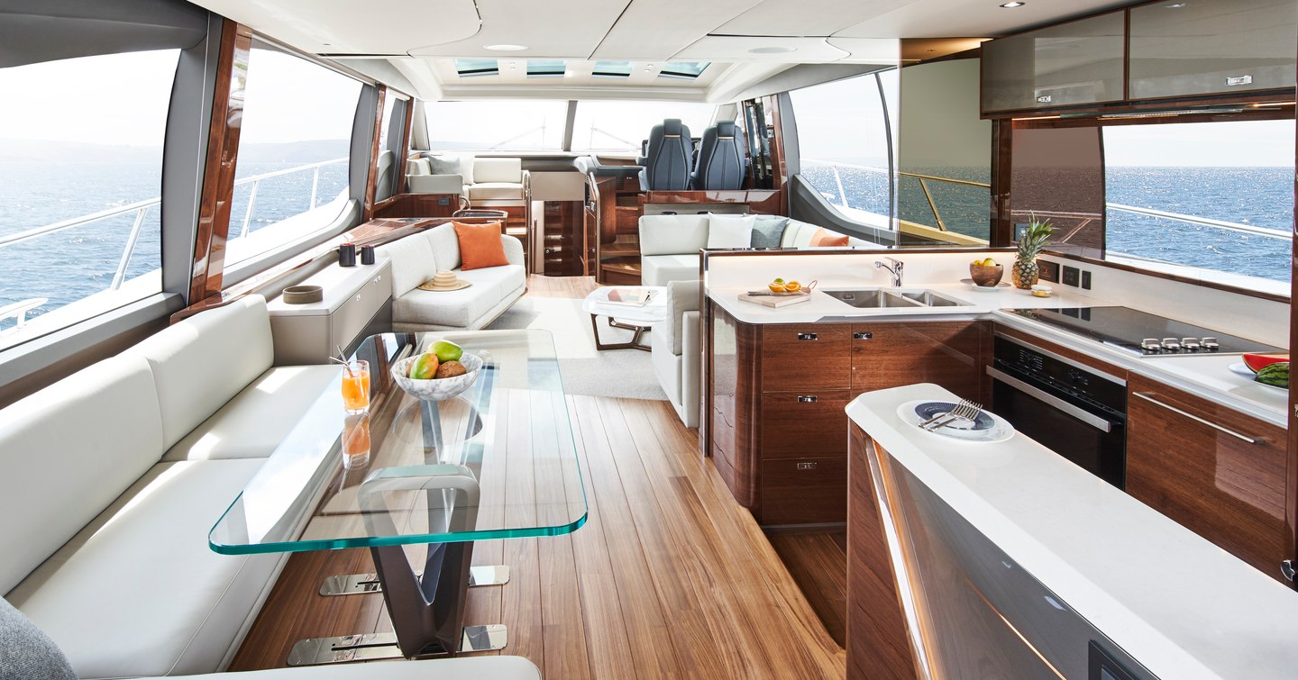 The interior of a Princess V78 superyacht