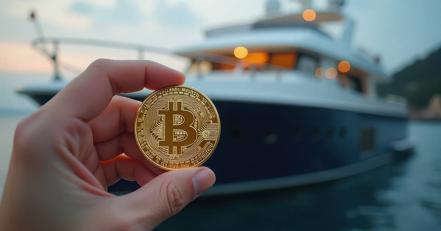 Bitcoin being held in front of yacht