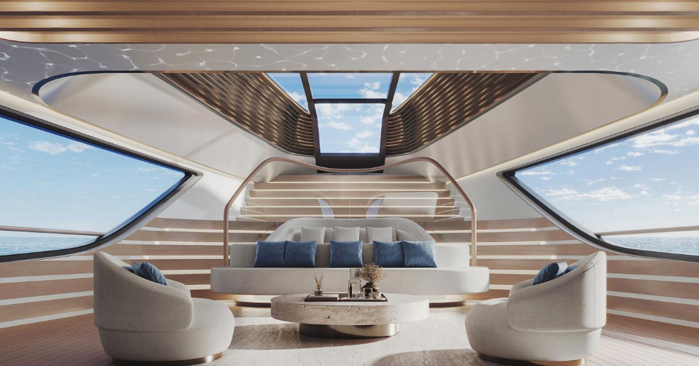 Contemporary seating onboard the Gladius Crossover Performance yacht