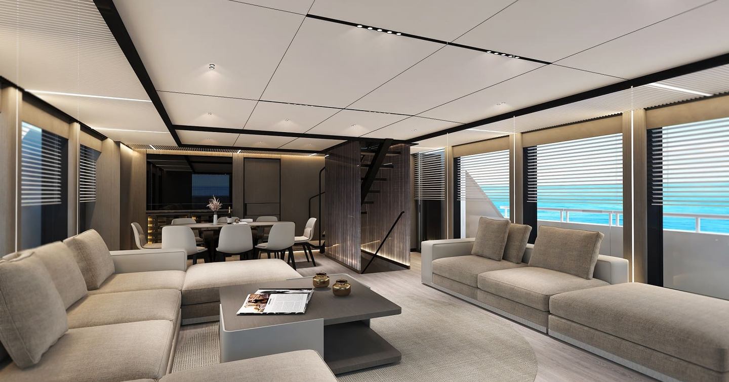 Bering 88 motor yacht main saloon lounge and dining area 