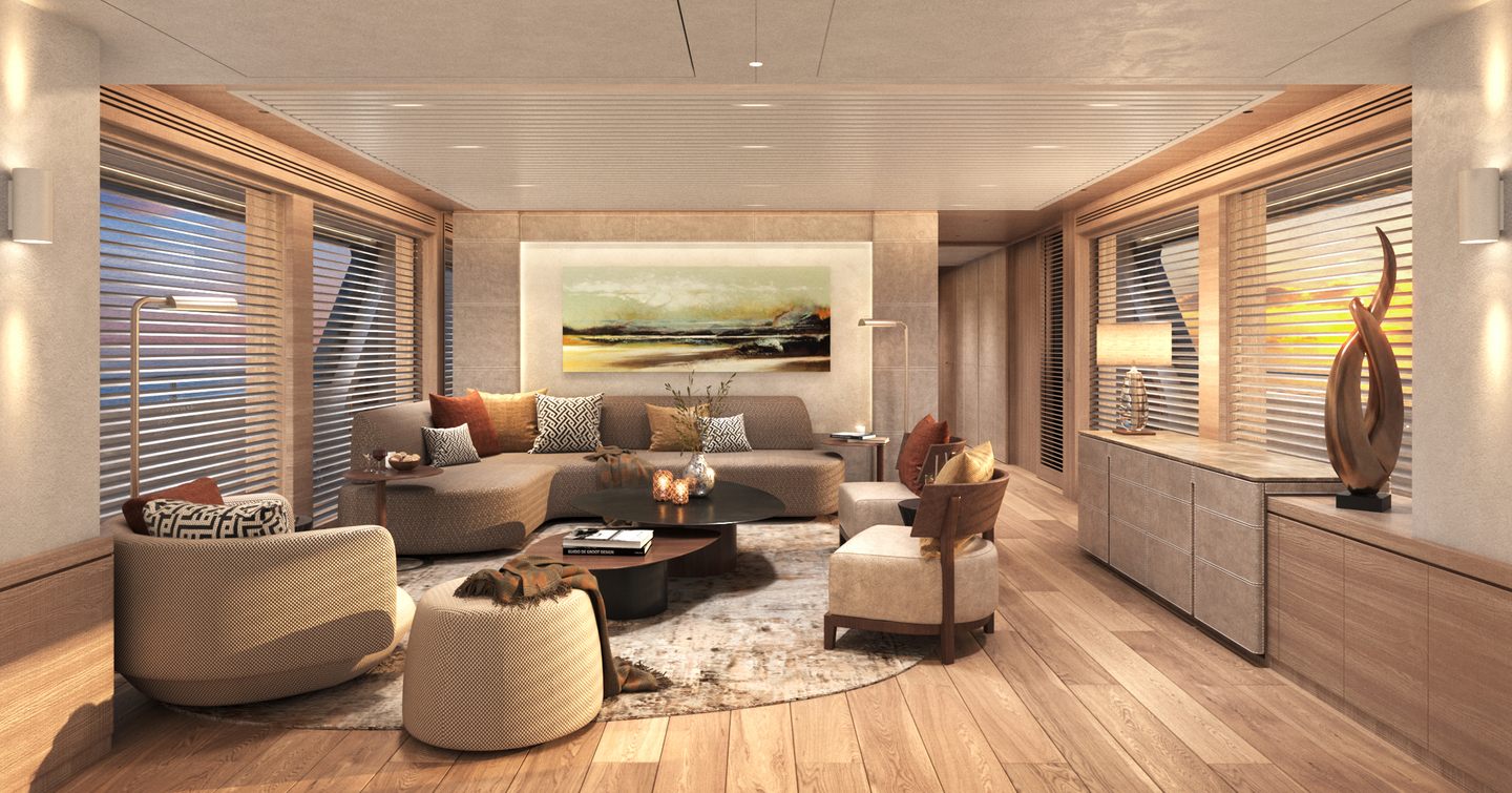 Rendering of superyacht Lalabe with curved seating