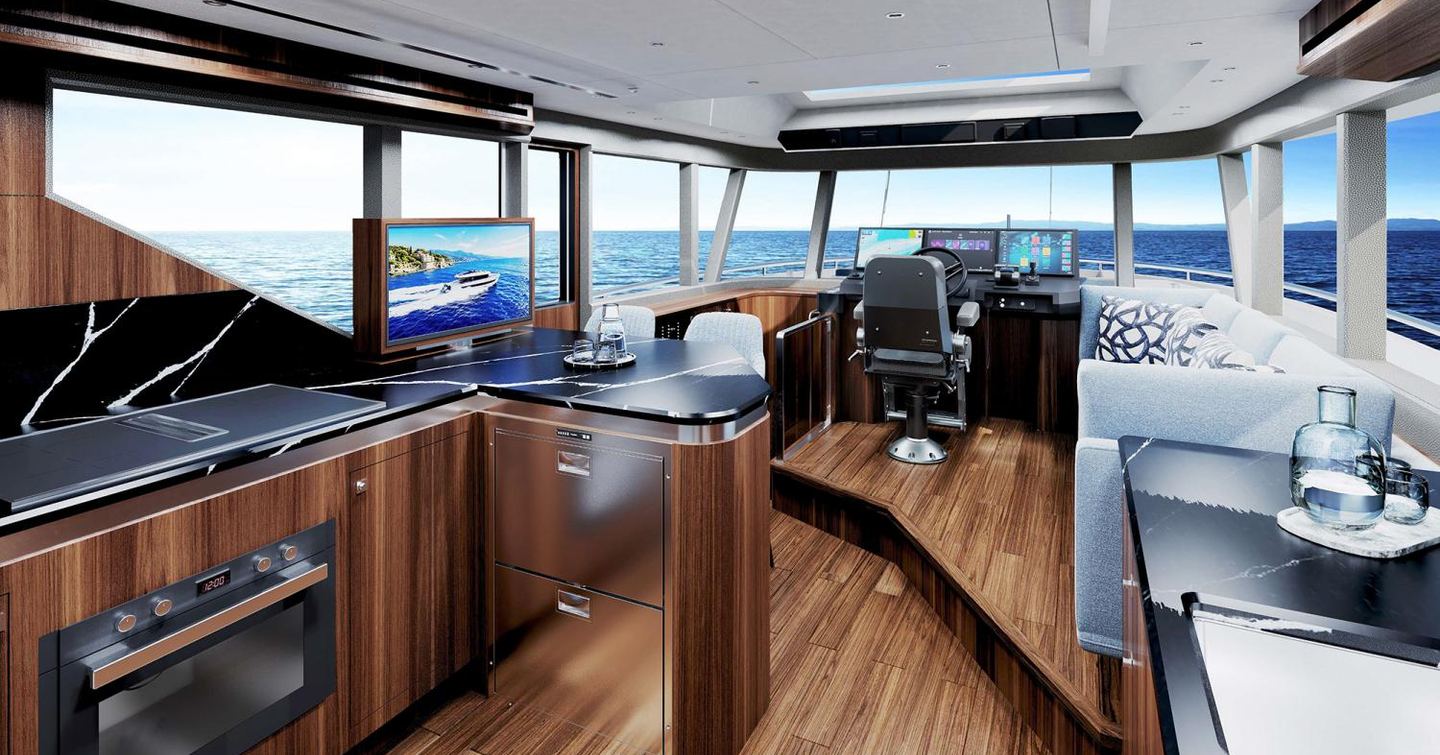 Rendering of Outer Reef 540 Adventure Sport yacht salon with dark wood features 
