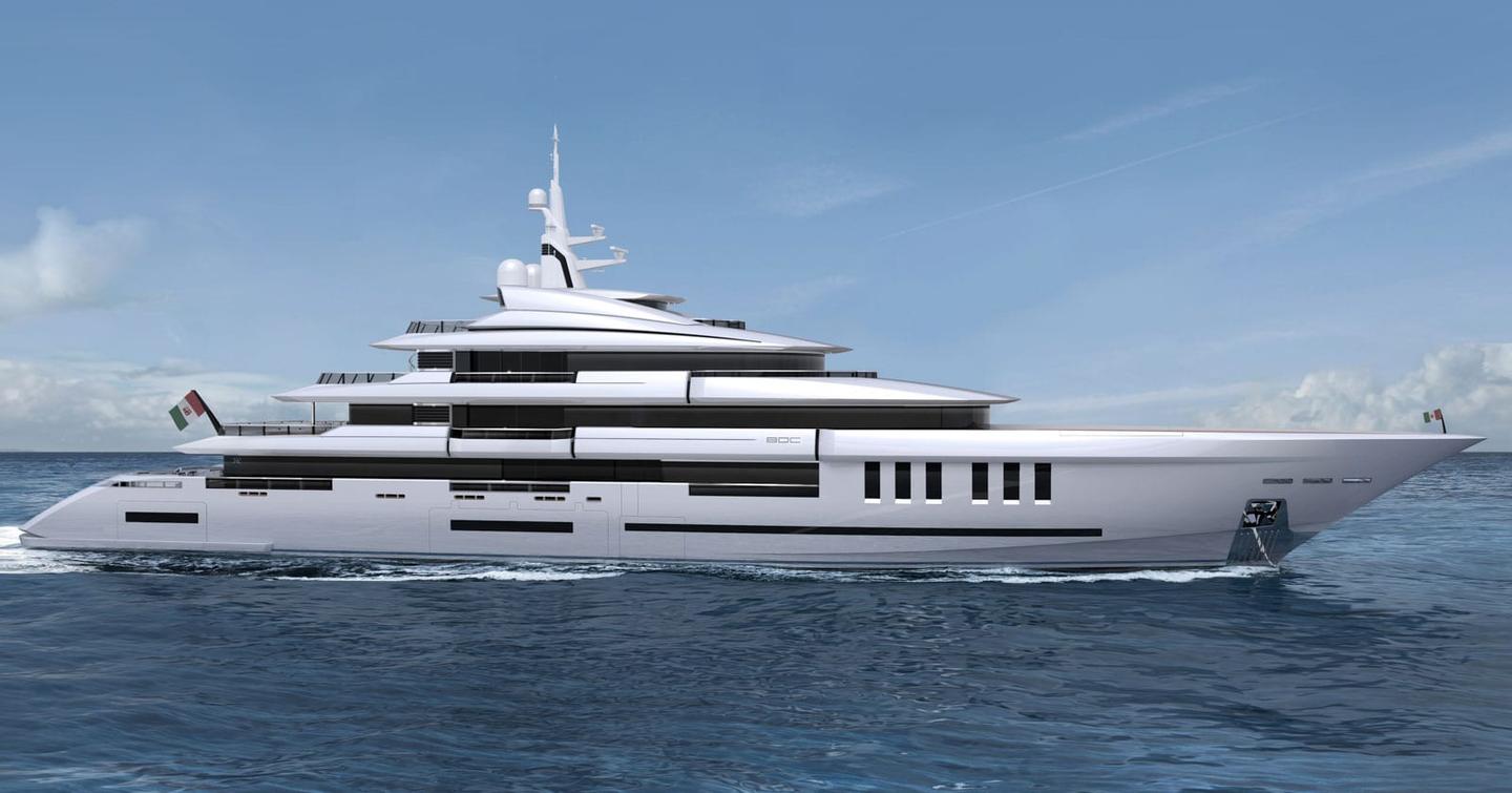 Rendering of ISA Continental 80 superaycht under way 