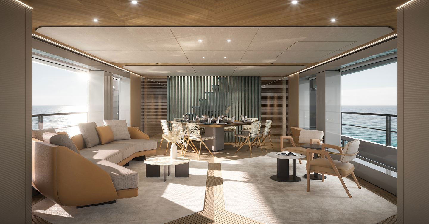 Rendering of Azimut Grande 30M Superyacht main saloon with dining area and curved seating 