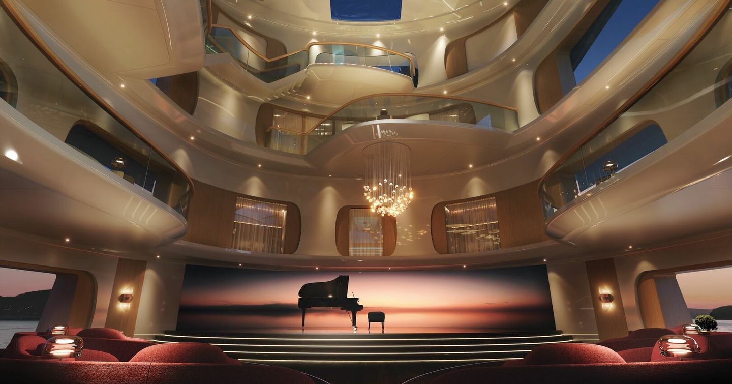 Rendering of Feadship Superyacht Hive auditorium with grand piano