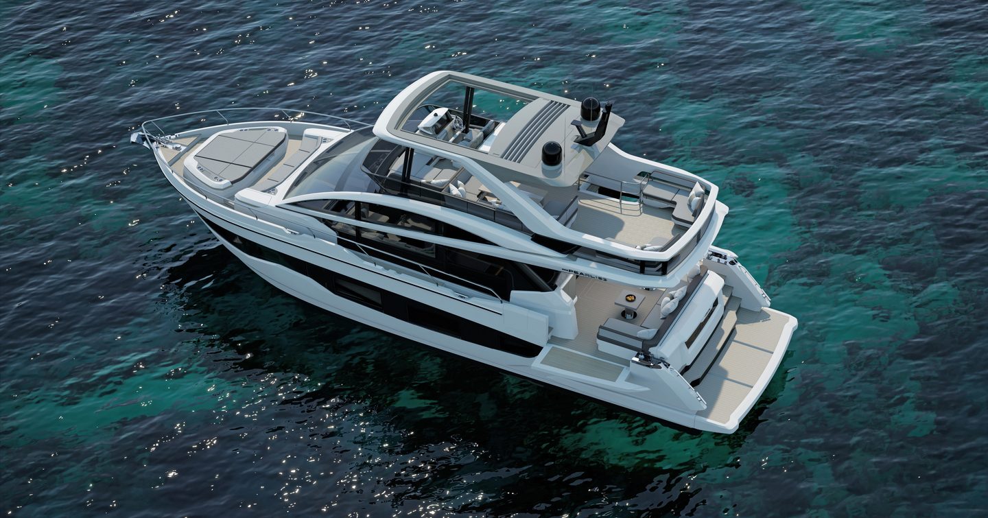 Rendering of Pearl Yachts Pearl 63 motor yacht at anchor