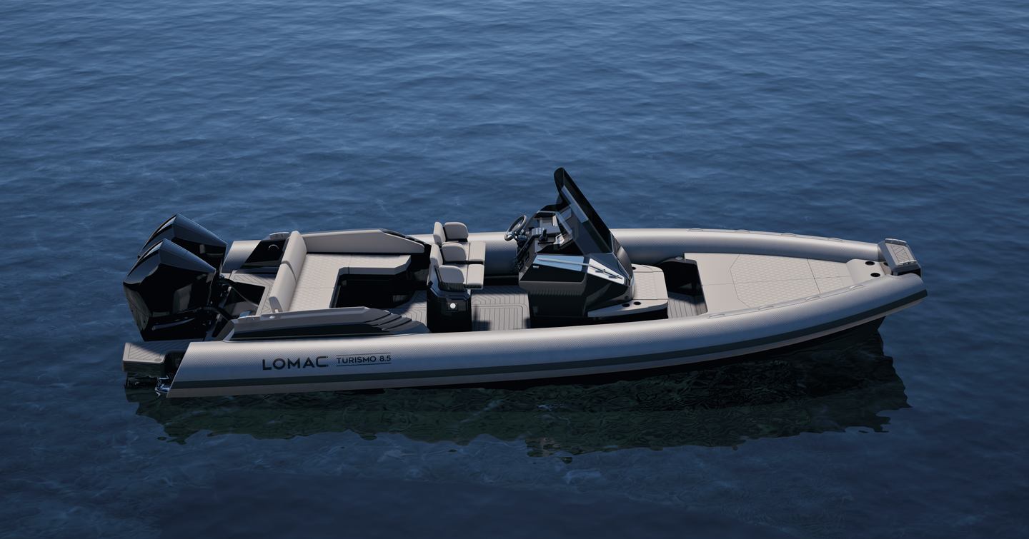 Rendering of Lomac Turismo 8.5m RIB at anchor 