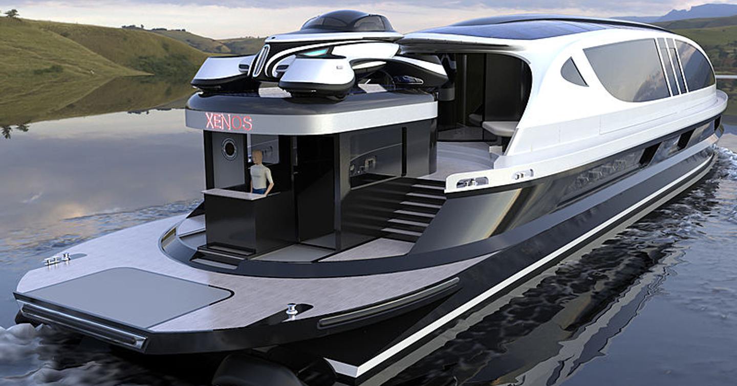 CGI of Xenos superyacht with figure looking out