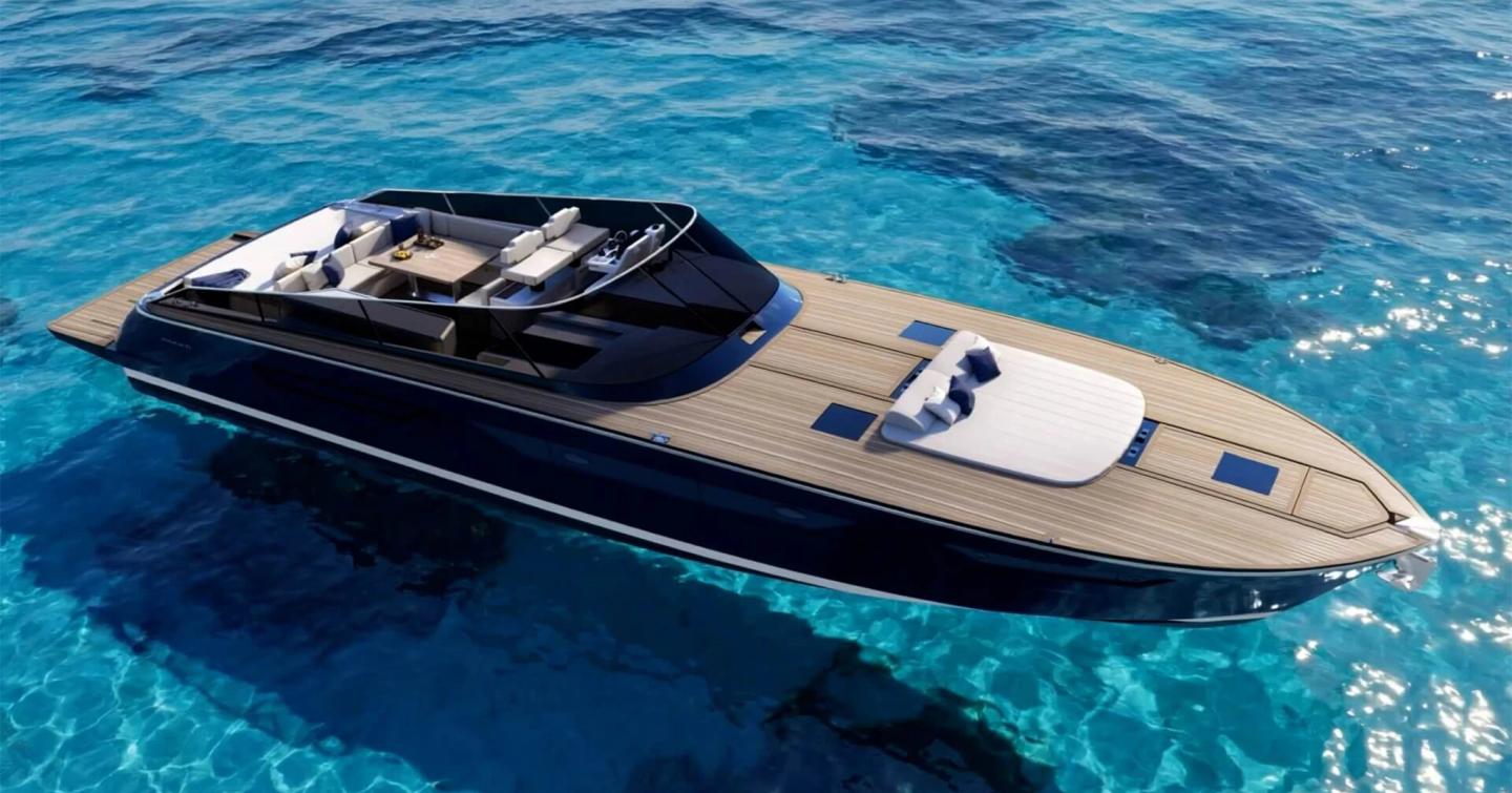 Rendering of Itama 70 boat at anchor on crystal clear water