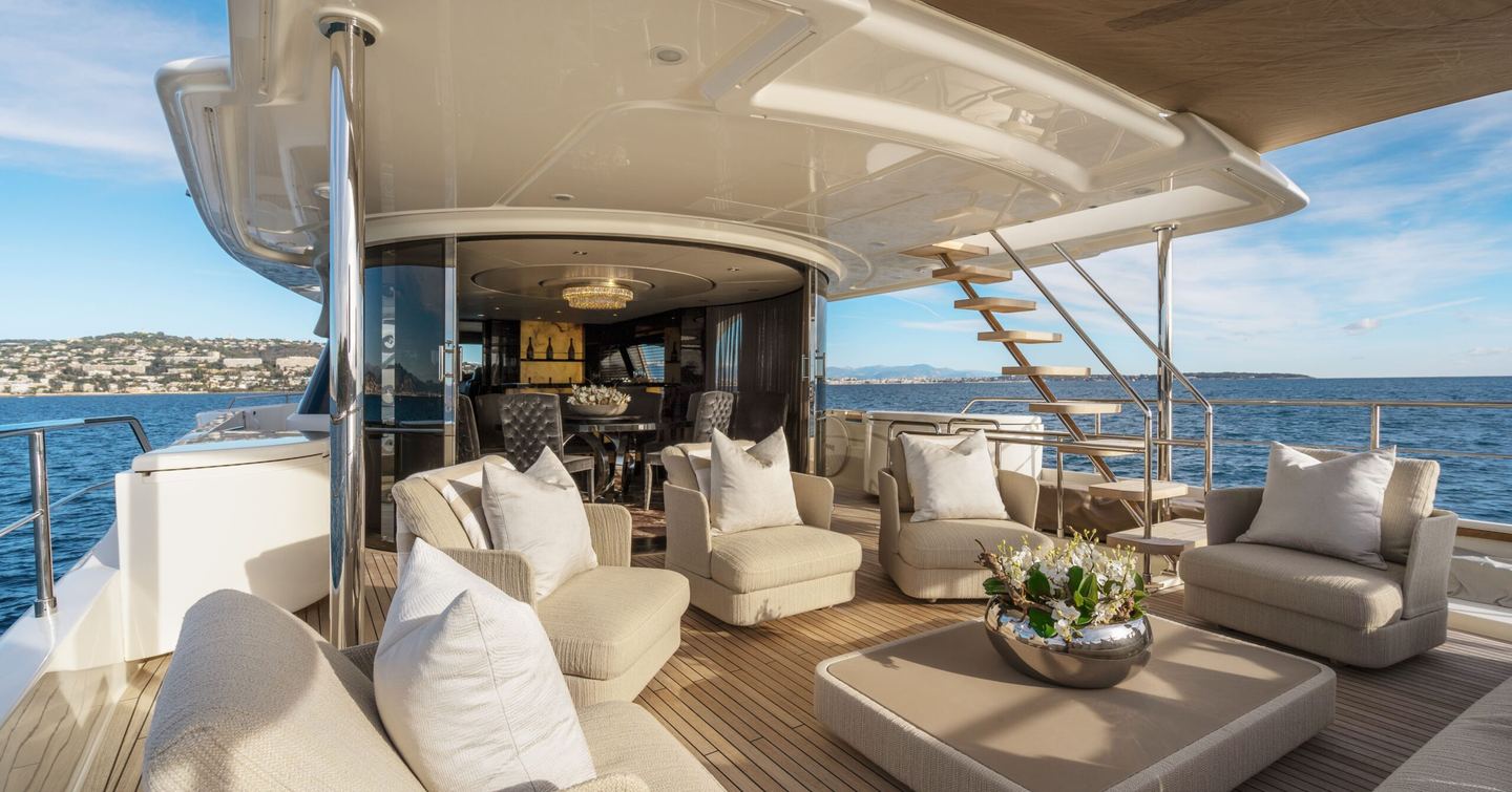 Motor Yacht Yvonne main aft deck with shaded seating