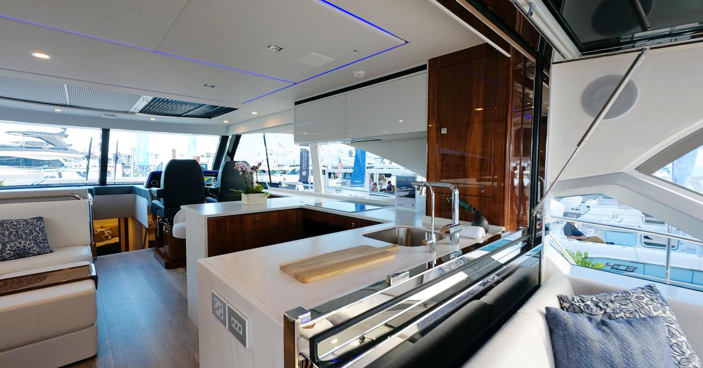 Riviera 5600 Sport Platinum Edition aft galley connecting the cockpit and saloon