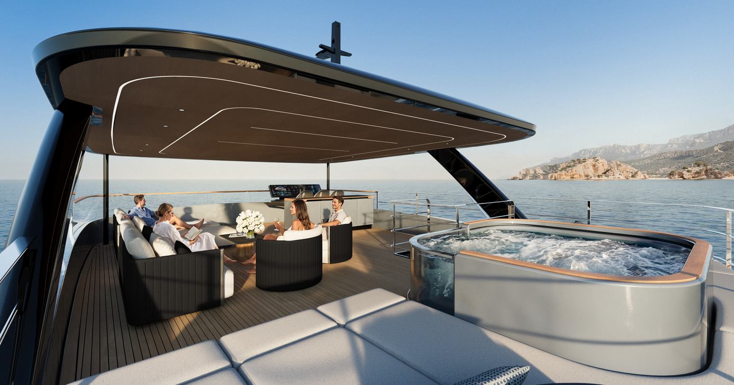 Rendering of Sunreef Ultima 88 Catamaran flybridge with aft jacuzzi and people relaxing on shaded seating
