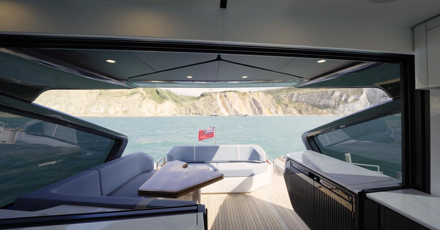 Fairline Targa 58 GTO cockpit viewed aft through the open saloon
