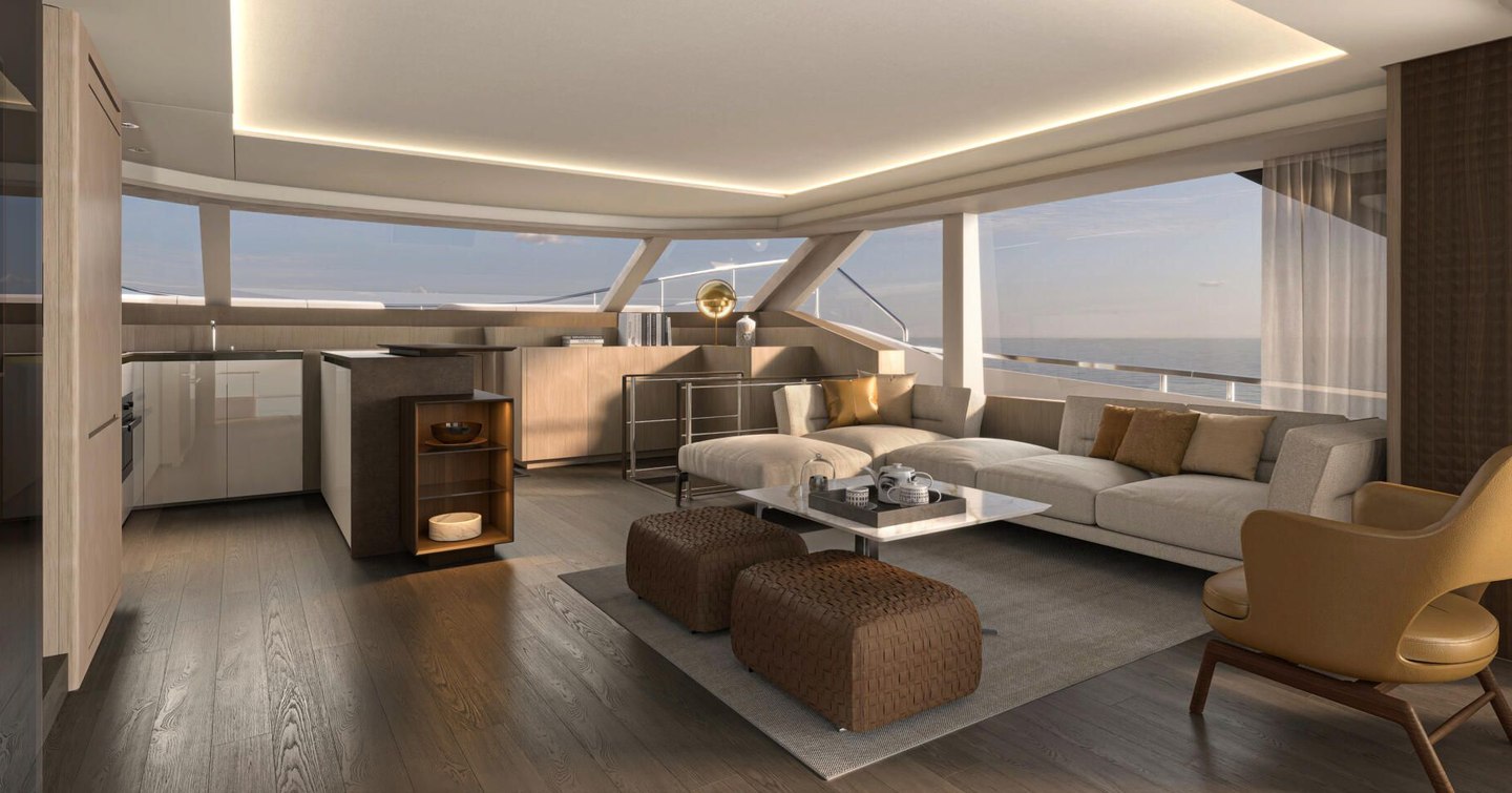 Rendering of Prestiga M7 Catamaran main saloon with L-shaped sofa