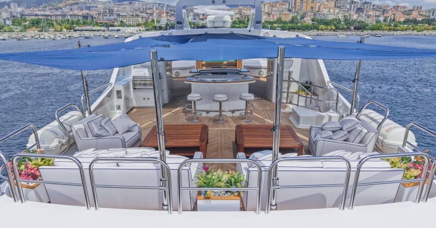 Trinity Superyacht Mirabella aft sundeck with bar area and dual L-shaped sofas 