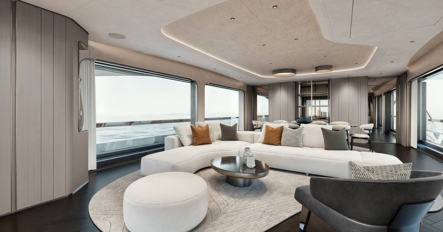 Rendering of Maiora M|38 superyacht main salon with curved white seating